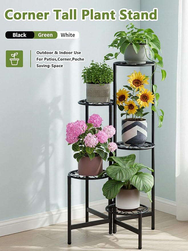 Plant Stand Indoor Outdoor, 5 Tier Corner Metal Flower Display Holder Stand, Folding Tall Plant Rack for Patio Balcony Porch Garden Living Room House, Heavy Duty Wrought Iron Plant Shelf - BlackS