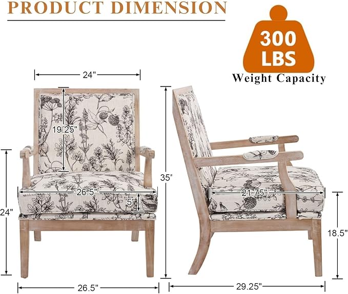 Floral Accent Chair Set of 2 Mid-Century Modern Living Room Chairs Upholstered Linen Lounge Armchair with Solid Wood Frame & Removable Cushion for Bedroom, Balcony, Floral Pattern