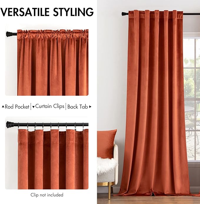 MIULEE Velvet Curtains 90 inches 2 Panels - Luxury Burnt Orange Blackout Curtains for Bedroom Living Room Thermal Insulated Super Soft Window Drapes Rod Pocket & Back Tab, Terracotta Rust Fall Decor