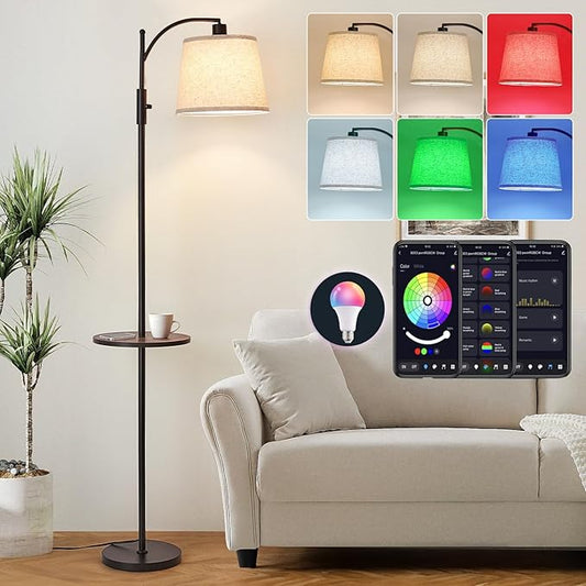 AIDENOEY Smart Floor Lamp with Side Table | Stepless Dimming, RGB Multi-Color | Adjustable Swivel Head | Voice Control with Alexa & Google Assistant |Black Lamp for Living Room,Bedroom,Home Office