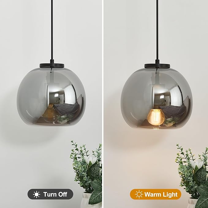 Mirror Smoke Gray Glass Pendant Lights Kitchen Island 3 Pack 7.87" Glass Globe Pendant Light Black Hanging Light Fixture Modern Pendant Lighting for Kitchen Island Bedroom Dining Room