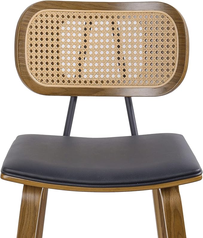 Counter Height Bar Stools Set of 2, Mid Century Modern Counter Stools, 26" Wood Kitchen Stool PU Leather Upholstered Barstool with Rattan Back, Counter Height Island Dining Bar Chair, Black