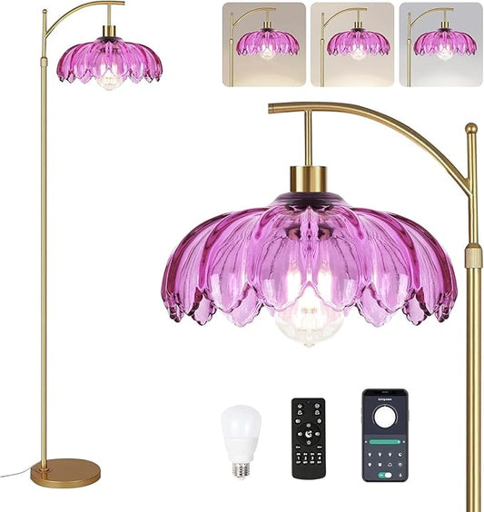 Floor Lamp for Living Room,Bedroom,Gold Dimmable Standing Lamp with Remote,Mid Century Modern Brass Tall Lamp Retro Vintage Purple Glass Lamp Floor Light Boho Bohemian