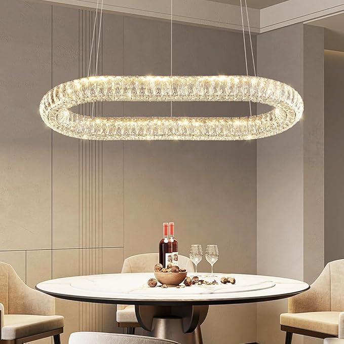 Oval Crystal Chandelier, 40'' Chrome Crystal Ring Pendant Light for Kitchen Island Modern Linear Oval Chandeliers for Dining Room Dimmable 3000K-6000K