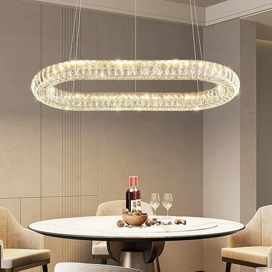 Oval Crystal Chandelier, 40'' Chrome Crystal Ring Pendant Light for Kitchen Island Modern Linear Oval Chandeliers for Dining Room Dimmable 3000K-6000K