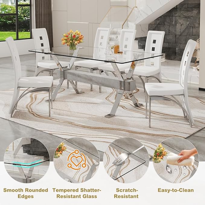 71'' Glass Dining Table Set for 6,7 Piece Dining Table Set with Tempered Glass Tabletop and Open‑Frame X‑Shaped Metal Base,Kitchen Table and Chairs Ideal for Dining Room&Home Office