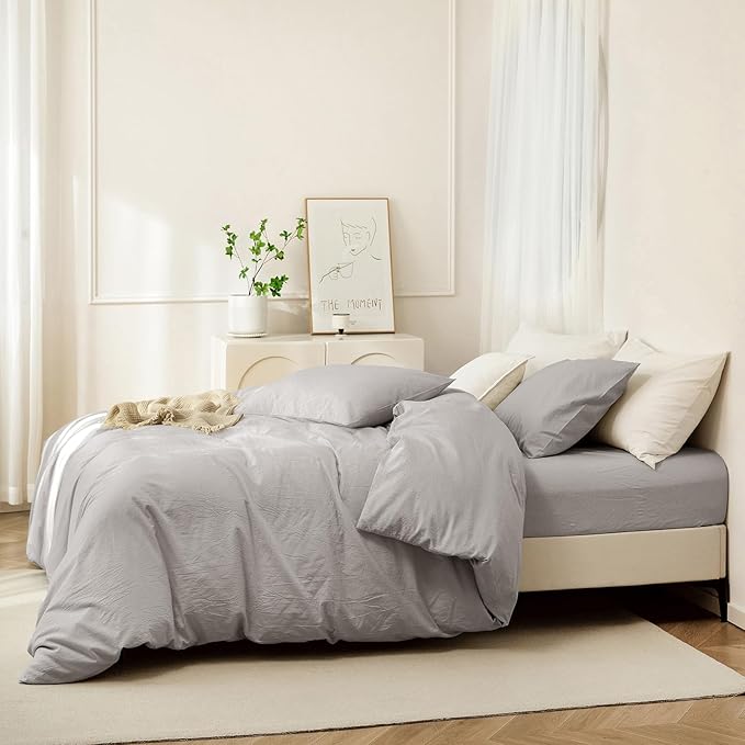 JIYUAN 100% Washed Cotton Duvet Cover Set 2 Pieces Twin, 1 Duvet Cover 68x90 Inches(Comforter Not Included) and 1 Pillowcases,Linen Feel Bedding Set Comfy and Breathable, Heathered Pastel Grey
