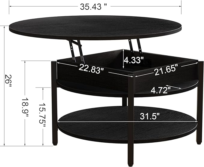 FABATO Round Lift Top Coffee Table for Living Room, 35.43'' Round Coffee Table with Storage and Hidden Compartment, 2 Tier Large Farmhouse Coffee Table Round Dining Table, Black