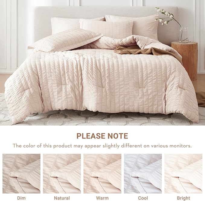 MUXHOMO 7 Pieces Full Comforter Set, Seersucker Bed in a Bag Full Size, All Season Luxury Bedding Set with Comforter, Flat Sheet, Fitted Sheet, Pillowcases & Shams, Beige