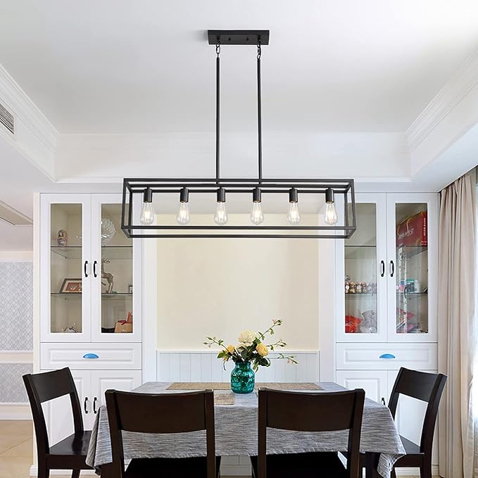 Black Farmhouse Kitchen Island Lighting, Modern Industrial Chandelier, 6-Light Linear Rectangular Pendant Light Fixtures for Farmhouse Kitchen Dining Room Bar Foyer(Metal, Height Adjustable)