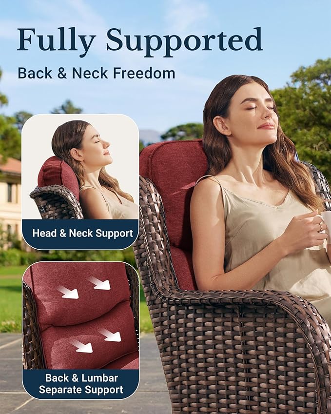 HILLGA Luxury Outdoor Swivel Rocker Patio Chairs of 2 with 6 Inch Thick Cushions and Side Table, Swivel Outdoor Chairs 5PCS High Back Wicker Patio Furniture Set for Porch, Balcony, Deck in Burgundy