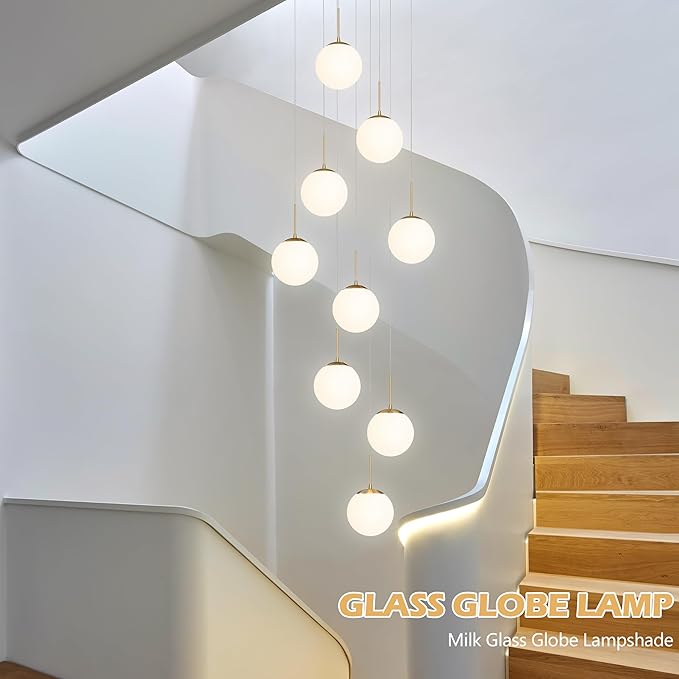 KoKo&Yukina 9-Light Globe Milky White Glass Pendant Light Adjustable Length Pendant Lights Modern Glass Globe Pendant Lights Gold Chandeliers Large Chandeliers for High Ceilings (Bulb & Remote Incl)