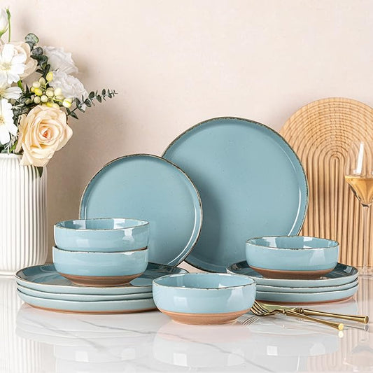 AmorArc Ceramic Dinnerware Sets for 4, 12 Pieces Handpainted Plates and Bowls Set with Rustic Terracotta Underside, Scratch Resistant Stoneware Dishes Set, Dishwasher & Microwave Safe