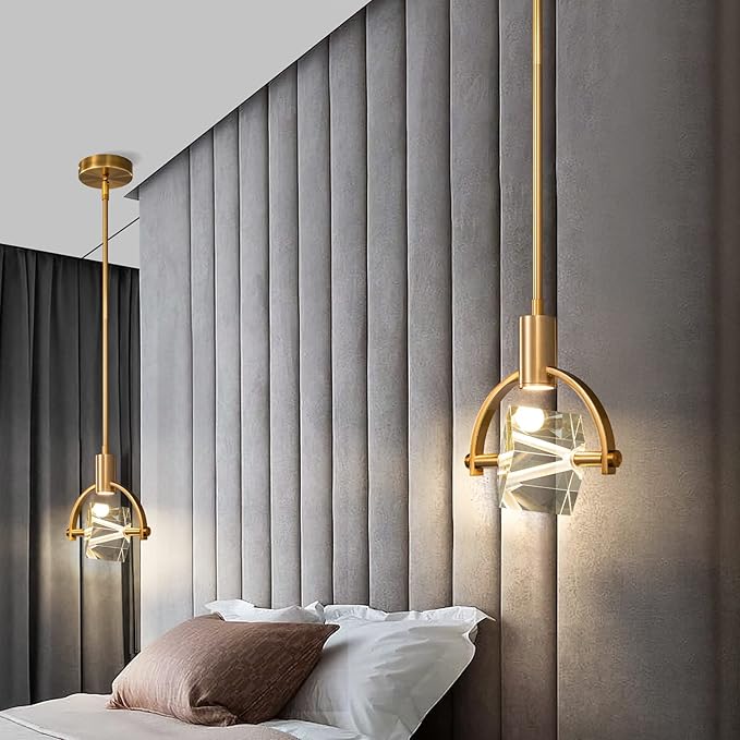 Pendant Ceiling Light Fixture for Kitchen Island, Modern Integrated LED Hanging Light, Crystal Pendant Light in Gold Brushed Brass Finish, Bedroom, Dining Room(1-Lights)