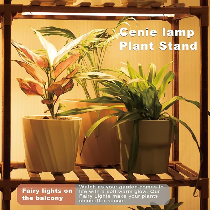 4-Tier Wooden Plant Stand with LED Grow Lights - Adjustable Shelf for Indoor Plants, Living Room, Balcony - Dimmable & Space-Saving (Plants Not Included)