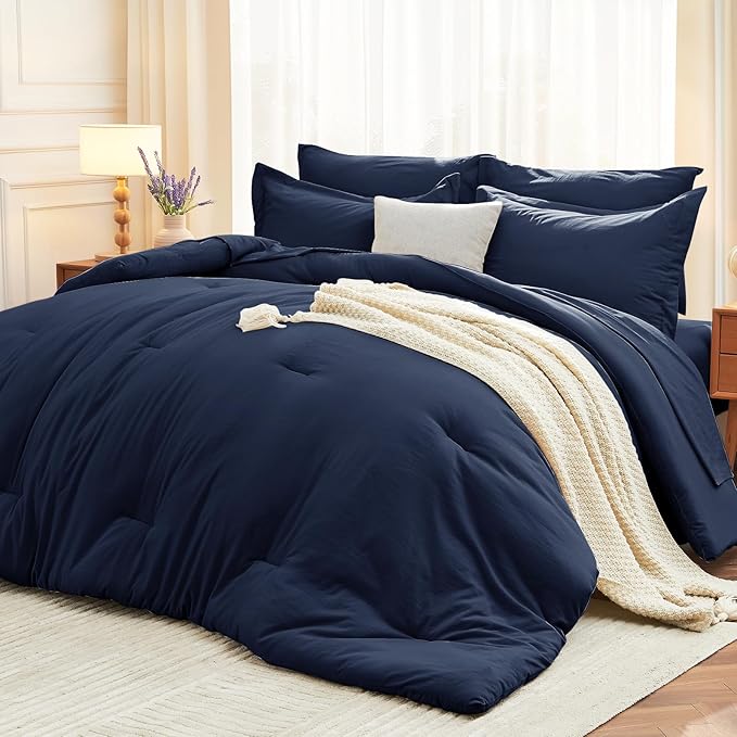 MUXHOMO 7 Pieces California King Comforter Set, Soft Bed in a Bag Cal King Size, All Season Bedding Set with Comforter, Flat Sheet, Fitted Sheet, Pillowcases & Shams, Navy Blue