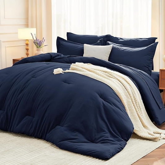 MUXHOMO 7 Pieces King Comforter Set, Soft Bed in a Bag King Size, All Season Bedding Set with Comforter, Flat Sheet, Fitted Sheet, Pillowcases & Shams, Navy Blue