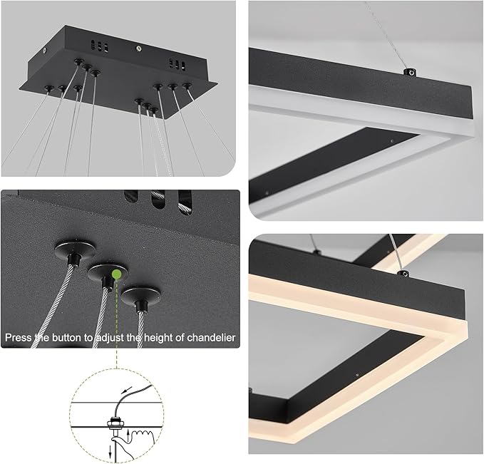 3 Rings Modern LED Chandelier Black 31.5inch Rectangle Dimmable LED Pendant Light with Remote Control 3 Tier Flush Mount High Ceiling Light for Dining Living Room Foyer(3000K-6500K, H71)