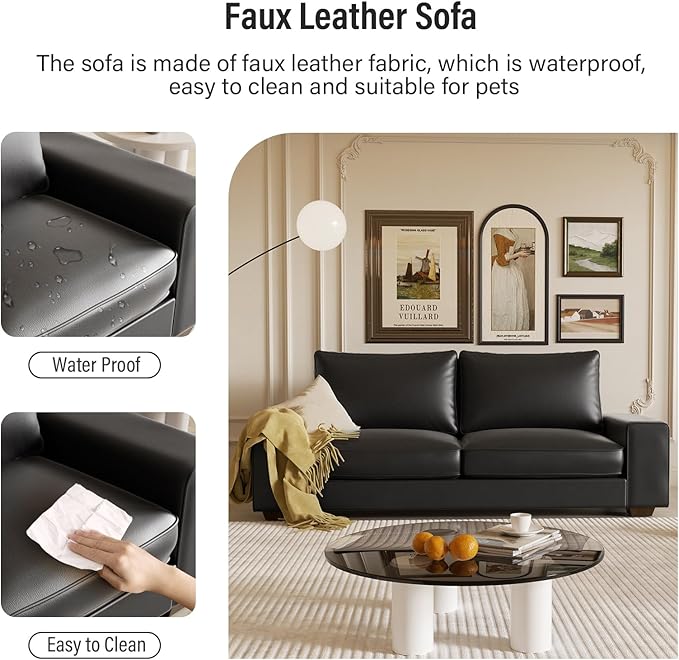 Faux Leather Couch, Mid Century Modern Comfy Loveseat Sofa with Wide Arm, Side Pockets, Solid Wooden Frame for Office, Living Room and Bedroom, 2 Seater (Black, 71.25 Inches)