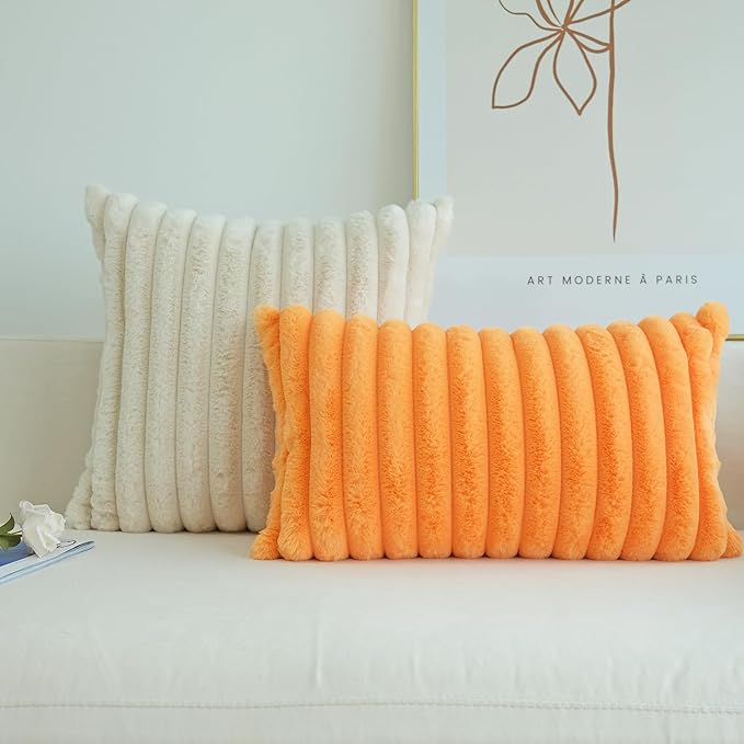 JOJUSIS Pack of 2 Faux Fur Plush Decorative Throw Pillow Covers Couch Cushion Case Soft Pillowcases (Orange, 12 x 20-Inch)