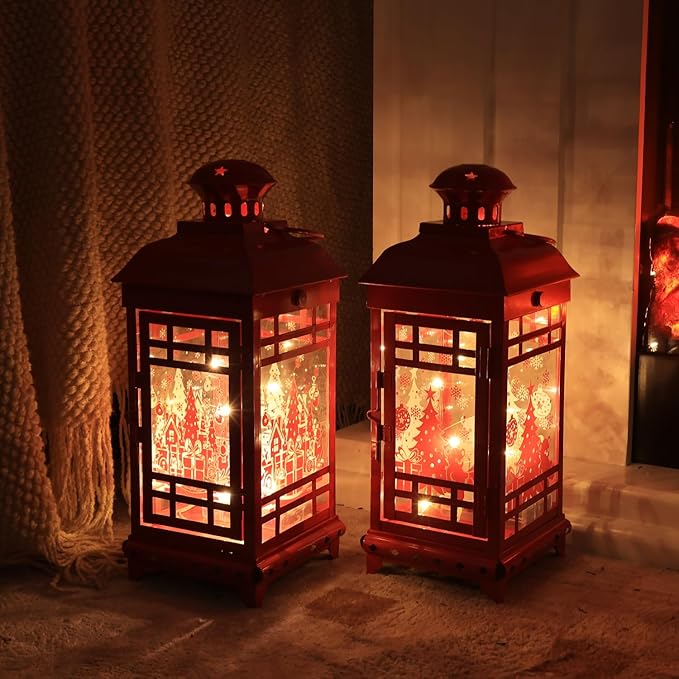 DECORKEY Christmas Decorations Outdoor&Indoor, 2PCS Red Decorative Candle Lanterns with Christmas Tree & Gift Box Patterns for Home Porch Centerpiece Table Decor Gift