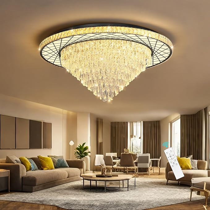 Large Chandelier for Living Room High Ceiling Modern Crystal Ceiling Chandeliers Light for Dining Room Entryway Lights with 90W LEDs Dimmable Bulbs Black Lighting Fixtures