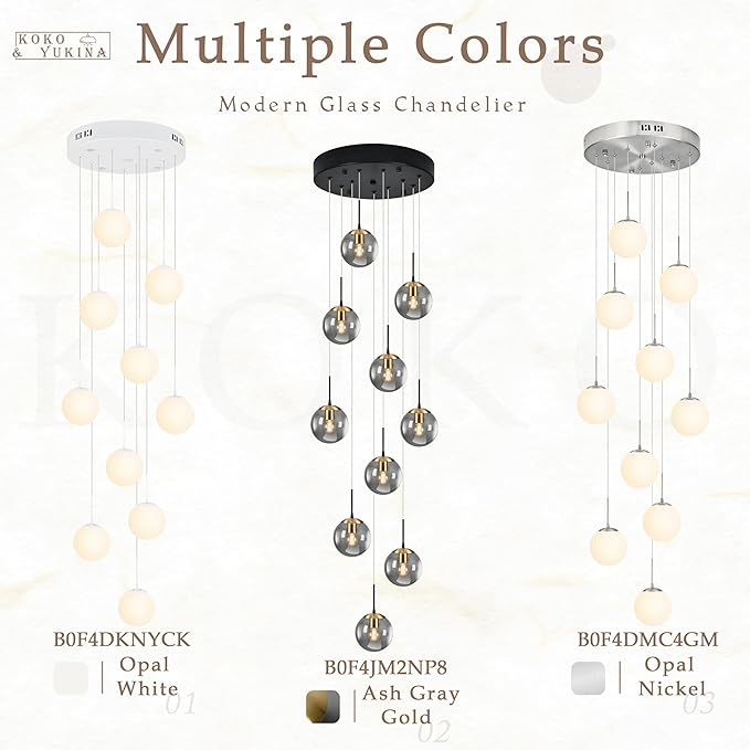 KoKo&Yukina Gold 10-Light Chandelier Modern Stairwell Lighting Adjustable Globe Cluster Lights with Grey Glass for Staircase