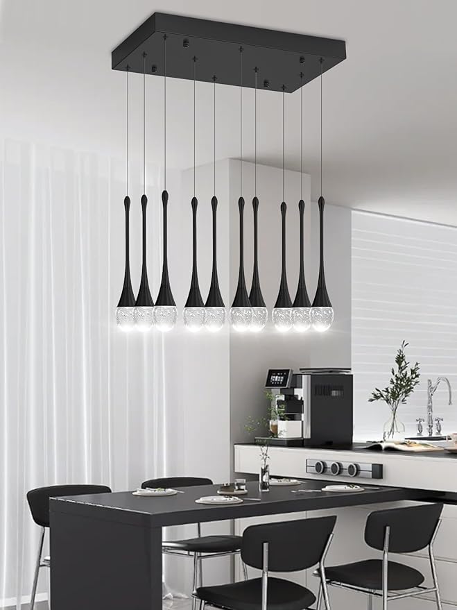 Rectangular Chandeliers for Living Room Black Dining Room Lights Fixture Raindrop Pendant Lights Kitchen Island Crystal Chandelier for Staircase Hallway Foyer Entryway