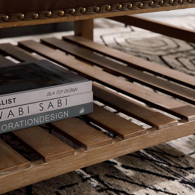 Large Square Coffee Table with Storage,Modern Faux Leather Ottoman Coffee Table,Luxury Upholstered Couch Table for Living Room/Sofa/Bedroom,Brown