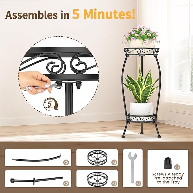 LASZOLA 2 Tier Black Plant Stand Indoor Outdoor for Large Tall Flower Planters on Patio, Heavy Duty Metal Multi Vertical Rack for Narrow Floor Corner, Sturdy Round Holder Organizer Modern Mid Century