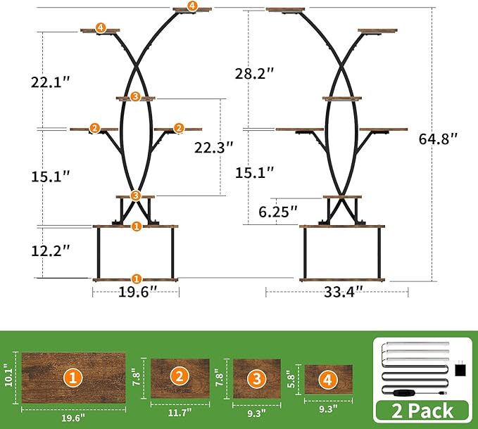 Tall Plant Stand Indoor with Grow Lights, 64" 8 Tiered Meta Plant Shelf, Large Corner Shelves Display Rack Flower Stand Holder for Living room, Patio, 2 Pack