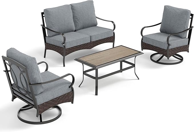 PHI VILLA Outdoor Porch Furniture Set, Upgraded Wicker&Metal Deep Seating Patio Furniture Conversation Set with Waterproof Thick Cushions for Balcony, Deck, and Yard (4 Pieces,Grey)