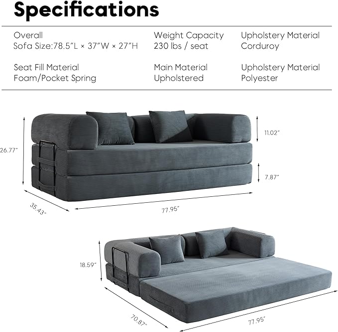Comfy Convertible Folding Mattress Couch, Floor Sofa Bed with Fixed-Shape Frame, Corduroy Floor Sofa with Armrest, Floor Sofa Lounge Couch for Living Room Bedroom Lounge Studio,Grey
