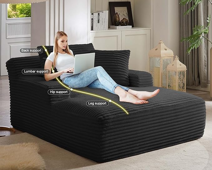 GNIXUU Oversized Chaise Lounge Chair Indoor, Comfy Lounge Sofa Upholstered Boneless Couch Bed with Throw Pillows and Armrests, Corduroy Plush Cloud Sofa Reading Chair for Living Room, Black