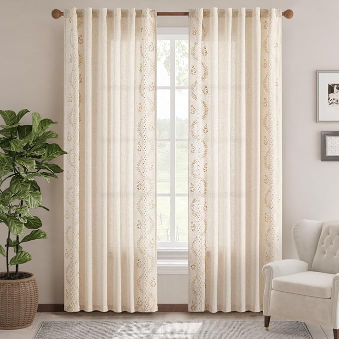 jinchan Belrose Linen Curtains for Bedroom Floral Curtains 84 Inch Length Linen Blend Beige Embroidered Drapes Farmhouse Flower Patterned Drapes for Living Room Window Treatments Set 2 Panels