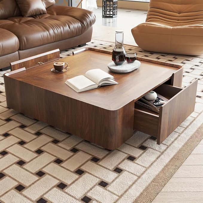 Luxury Square Coffee Table for Living Room, Fully Assembled Solid Wood Center Table with 2 Hidden Storage Drawers,Raised Edge Design Elegant Walnut Finish