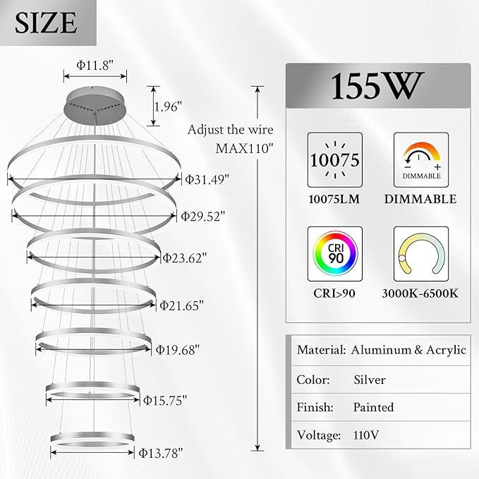 7-Rings D31.5’’ Modern LED Chandelier Silver Dimmable High Ceiling Chandeliers Foyer with Remote Control for Staircase Entryway Dining Room Living Room, 3000K-6500K