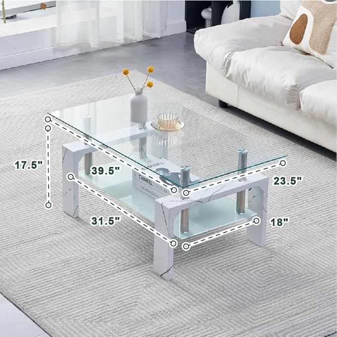 Living Room Rectangle Coffee Table, Tea Table Suitable for Waiting Room, Modern Side Coffee Table with Wooden Leg, Glass Tabletop with Lower Shelf, Marble