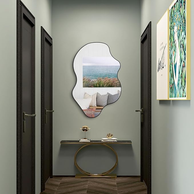 Irregular Mirror, Asymmetrical Wall Mirrors, 31.5"x23.6" Waved Shaped Mirror, Modern Frameless Decorative Mirrors for Living Room Bathroom Bedroom Hallway Entryway Fireplace