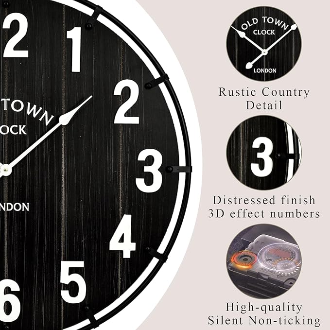 Farmhouse Black 24 Inch Wooden Large Wall Clock, Silent Non-Ticking Quartz Movement, Battery Operated Modern Rustic Clock for Living Room, Kitchen, Office, Home Decor