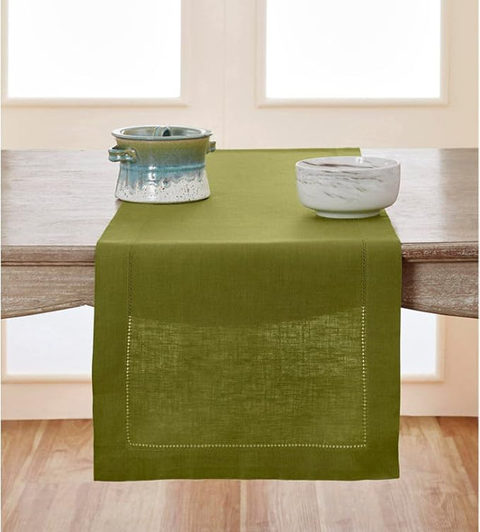 Solino Home Linen Avocado Green Table Runner 72 Inches Long - 100% Pure Linen Hemstitch Table Runner 14 x 72 Inch for Dresser, Dining, Fall, Autumn, Halloween, Thanksgiving - Classic Hemstitch