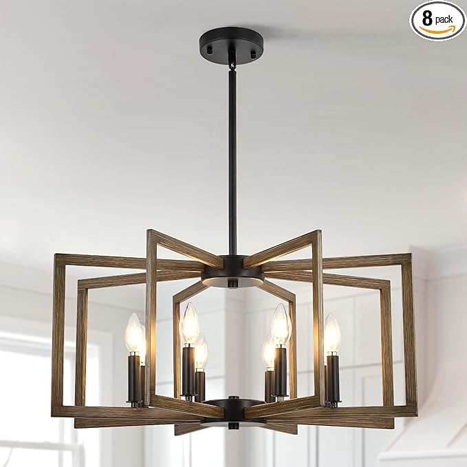 8-Light Metal Geometric Chandelier，Large Kitchen Pendant Lighting Over Island，Farmhouse Dining Room Light Fixture，Wood Grain Finish and Black Modern Chandelier