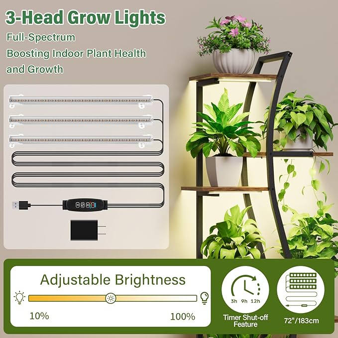 6 Tiered Plant Stand with Grow Light Indoor, 44.5" Corner Plant Shelf for Indoor Plants Multiple, Curved Design Flower Stand Display Holder Rack for Living Room, Patio, Balcony Decor