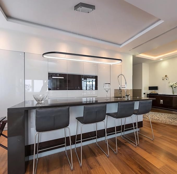 MADEM Modern LED Chandelier, 39.4'' Black Linear Light Pool Table Pendant Light Dimmable 3CCT Chandelier for Dining Room Kitchen Office