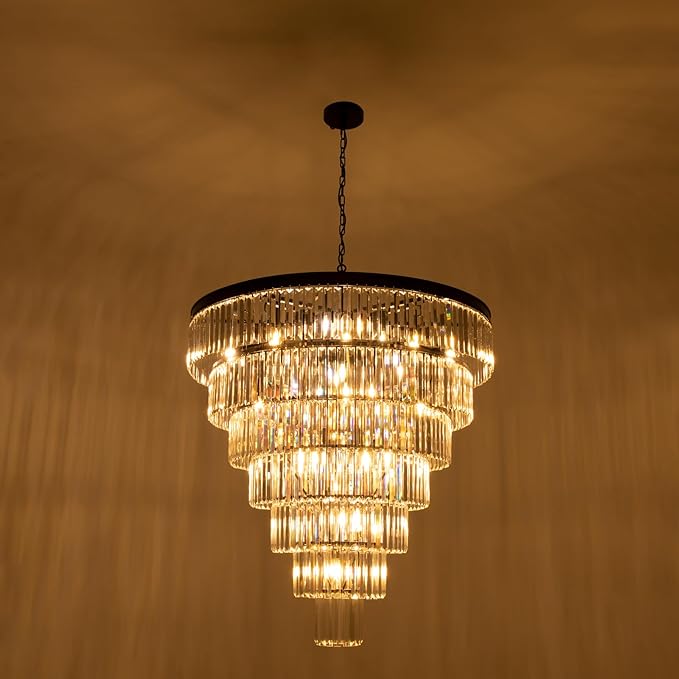 TOCHIC Large Crystal Chandelier for High Ceiling, 40 inch 7-Tier Modern Black Crystal Chandeliers Lighting Fixture, Round Light for Entryway Staircase Foyer Living Dining Room (Black, 40 Inches)