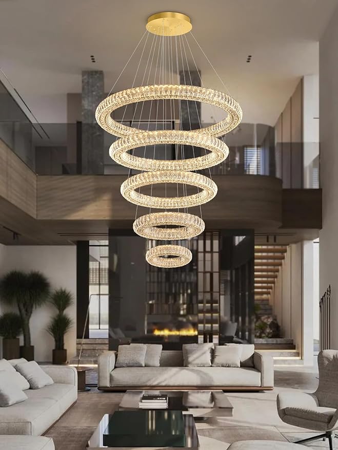 Gold 5 Ring Chandelier Modern Crystal Chandelier Lighting for Staircase, LED Foyer Ceiling Lights Fixtures High Ceiling Chandeliers, D8''+15.7"+23.6"+31.5"+39.4"