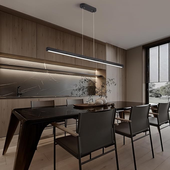 71 Inch LED Linear Pendant Light Black Wood LED Kitchen Island Lighting Dimmable Ceiling Hanging Chandeliers for Dining Room Living Room Bar Pool Table 40W Modern Farmhouse Fixture Black Wood Finish