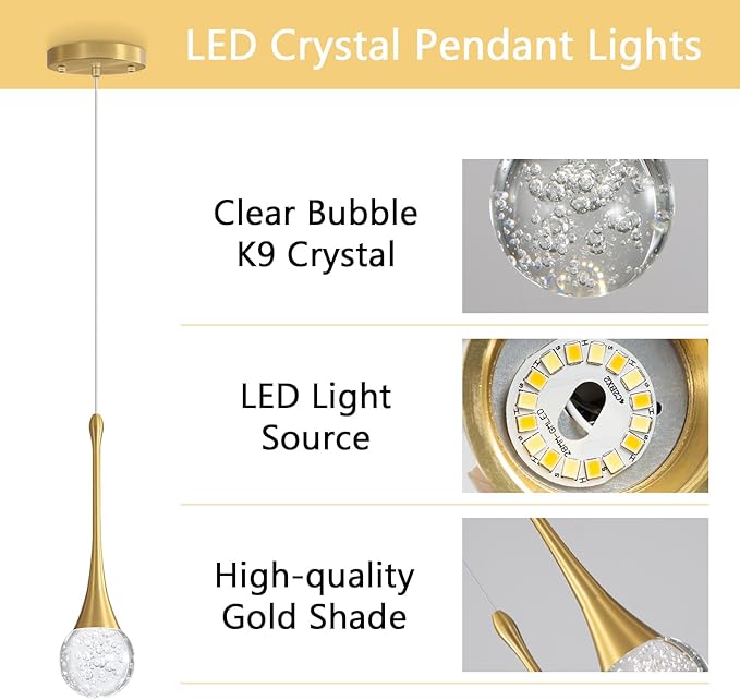 Modern Pendant Lights for Kitchen Island LED Dimmable Crystal Glam Ceiling Pendant Lighting for Dining Room Hallway Bedroom Corner Lamp Antique Gold