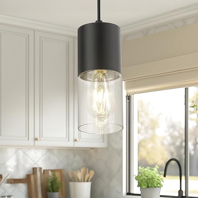 Black Pendant Lights Kitchen Island, Modern Hanging Lights Fixtures with Cylinder Clear Glass, Industrial Kitchen Pendant Lighting Over Island for Dining Room, AD-24023-1P-BK