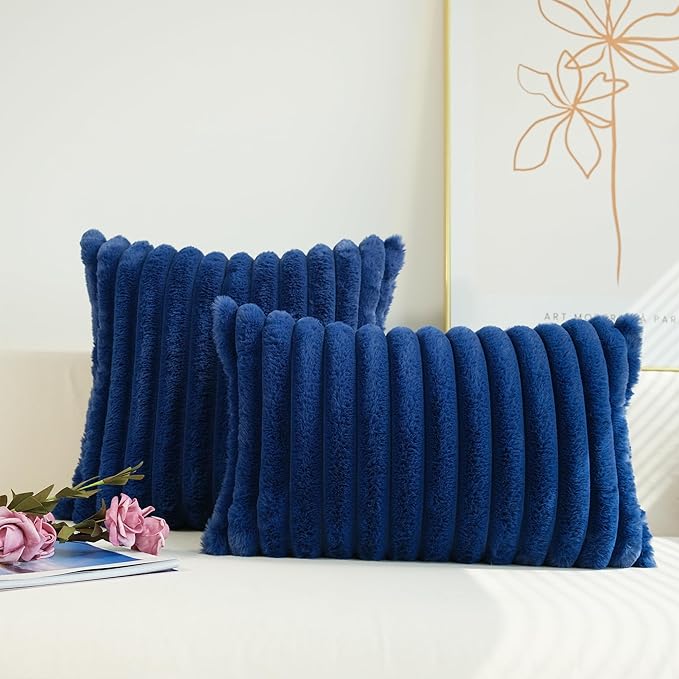 JOJUSIS Pack of 2 Faux Fur Plush Decorative Throw Pillow Covers Couch Cushion Case Soft Pillowcases (Navy Blue, 12 x 20-Inch)
